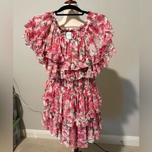 Stretchy, comfy adorable Floral Pink Ruffle Dress by MISA LOS ANGELES NWOT